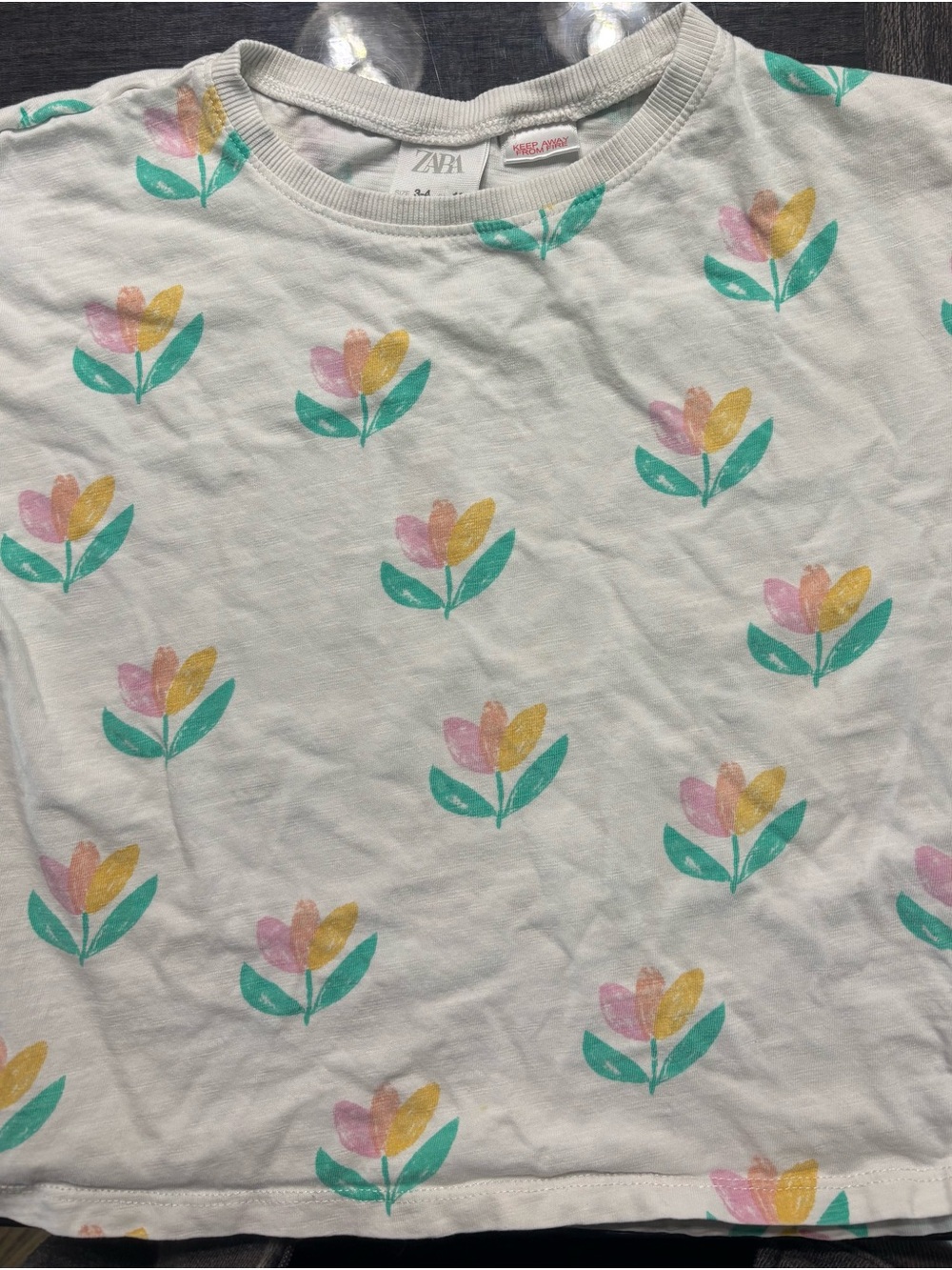 Zara White Tee with Pink, Yellow & Green Floral Print 3/4
